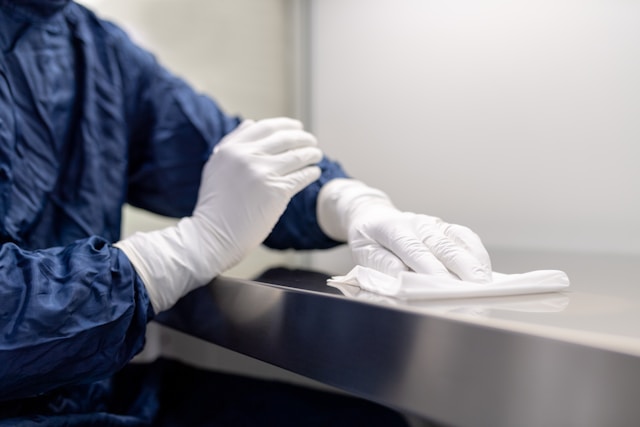 person wearing gloves wiping down a stainless steel surface